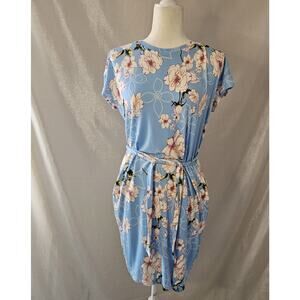 Pop young Blue Floral Midi Dress Size Large Pockets Cap Sleeve Belt White Flower
